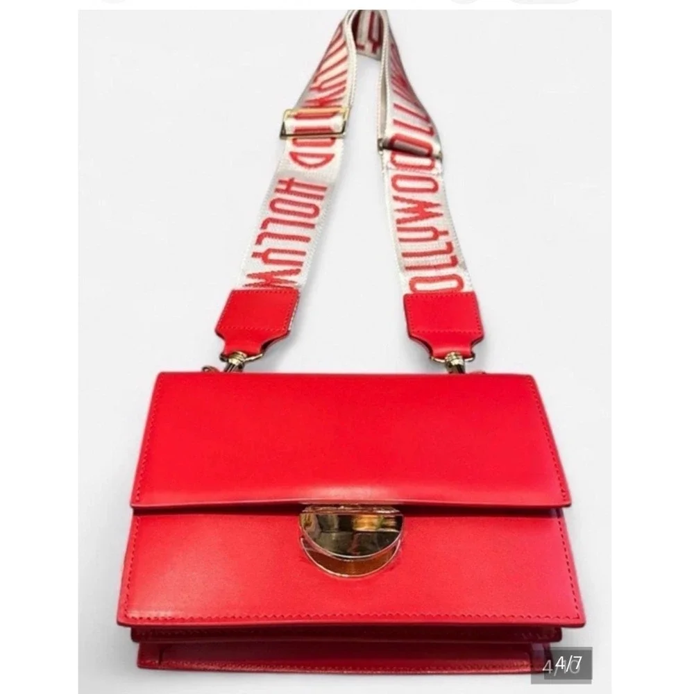 Red Leather Accordion Crossbody Bag Hollywood Logo Strap Gold‎ Hardware